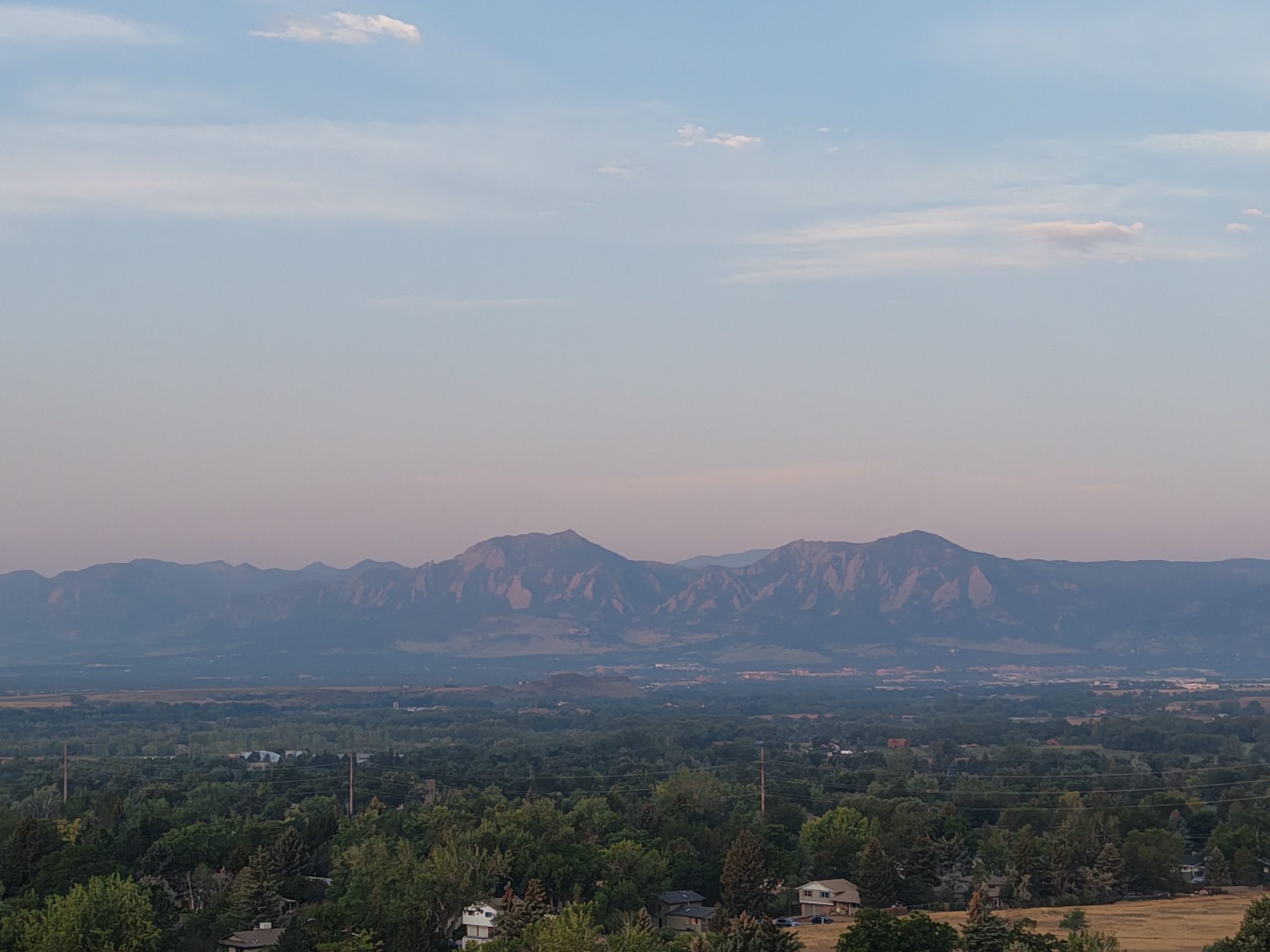 Aerial photograph of the Flatirons at dawn from Niwot, Colorado
